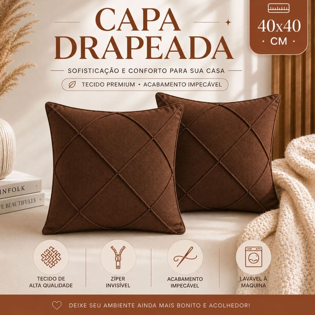 Kit Capas De Almofadas Drapeada Premium 40x40 Zíper Invisível Luxo Lavável Tecido Macio