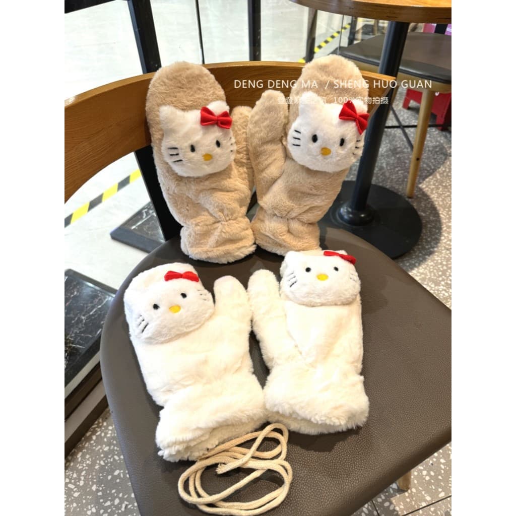 KT Cat Series Mi Sister Mesmo Estilo Luvas de Pelúcia Menina Coração Inverno Calor Forro de Lã Engrossado Halter Neck Lu