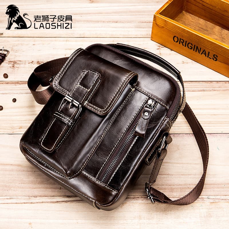 Velho leão couro bens primeira camada de couro masculino ombro pequena bolsa ombro 27cm ipadmini Casual mensageiro bolsa