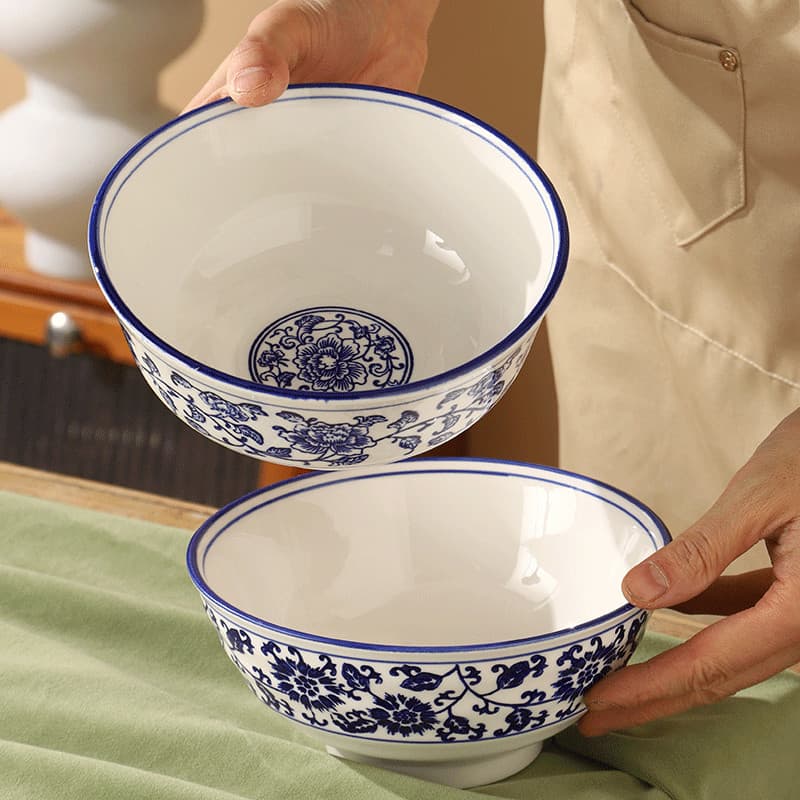 Tigela de macarrão de porcelana azul e branca Tigela grande de cerâmica comercial de sopa de carne Tigela de maca