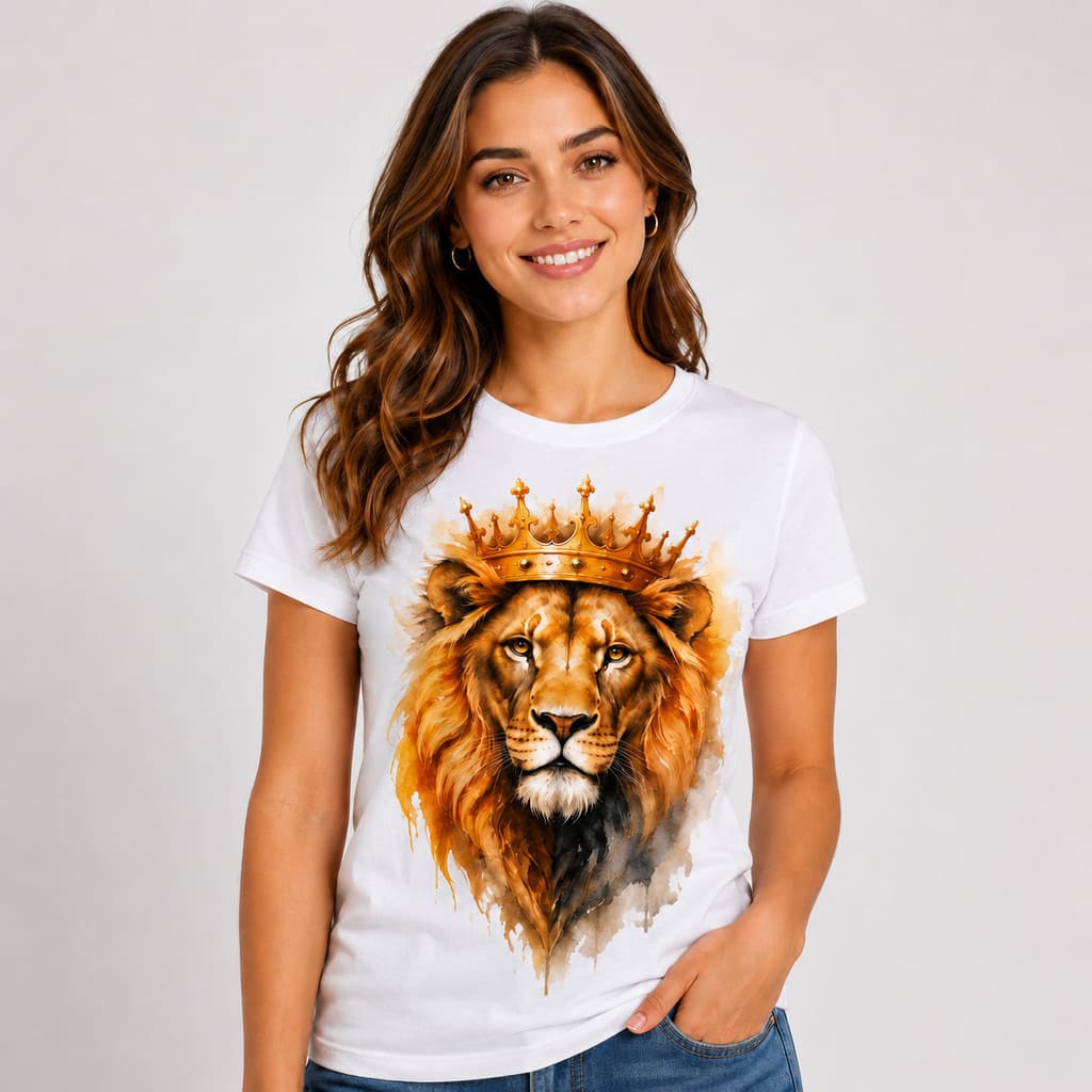 Camiseta Gospel Feminina Leão de Judá Coroa 100% Algodão