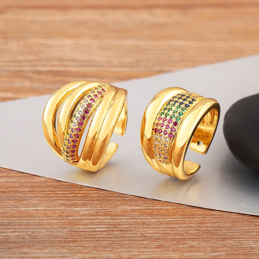 Vintage Luxo Banhado A Ouro Cobre Zircônia Abertura Anel Ajustável Acessórios Femininos