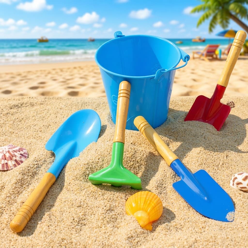 Crianças escavando ferramentas de areia brinquedos de praia pás de ferro e baldes bebê pegando o beira-mar jogando areia
