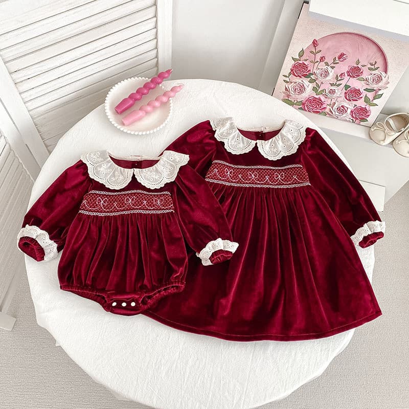 Meninas vestido outono novo estilo bebê menina Range Rover veludo vermelho manga longa bebê irmãs vestido NXI2