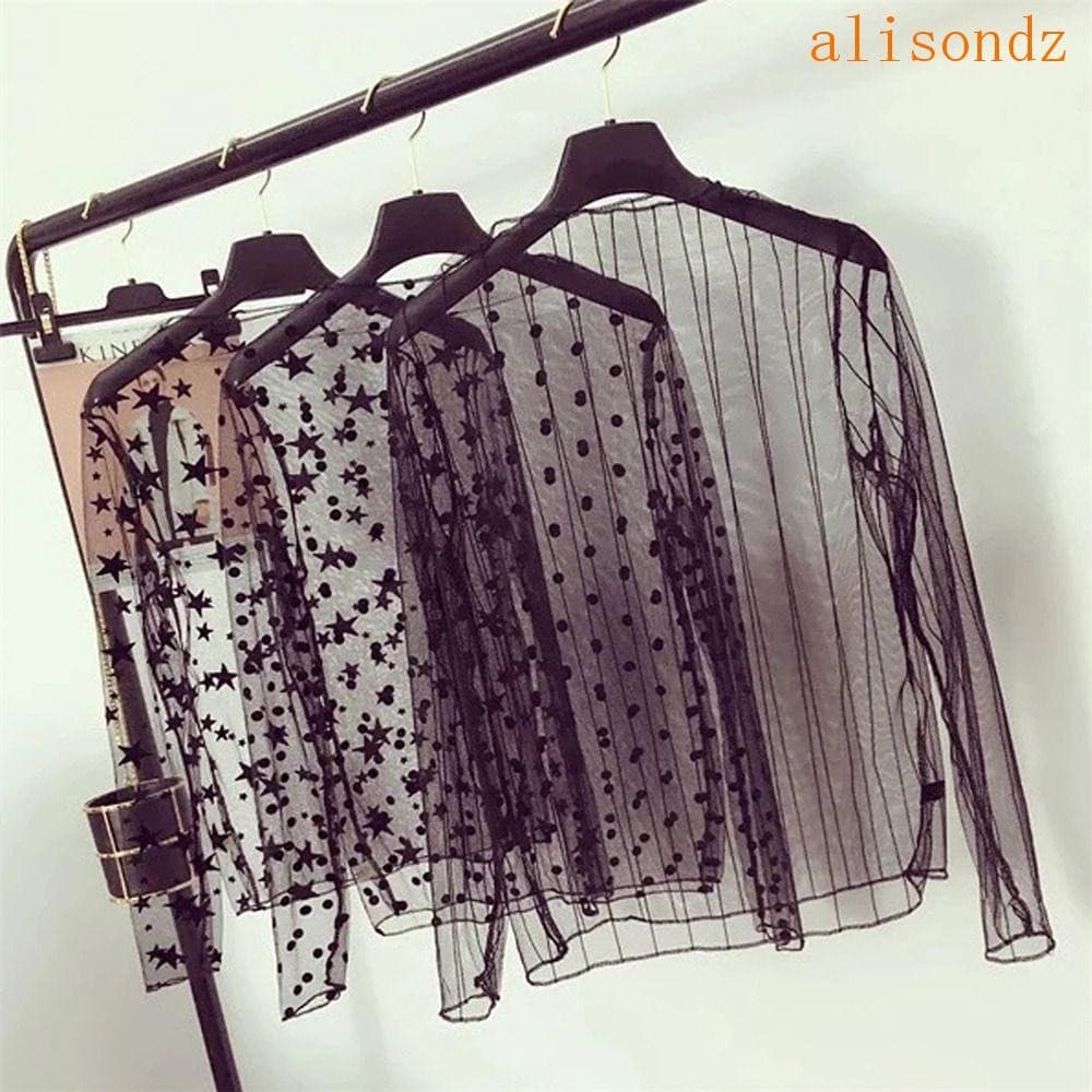 ALISOND1 Camiseta De Renda , Blusas Femininas De Malha Arrastão Transparente , De Gola Alta De Manga Comprida