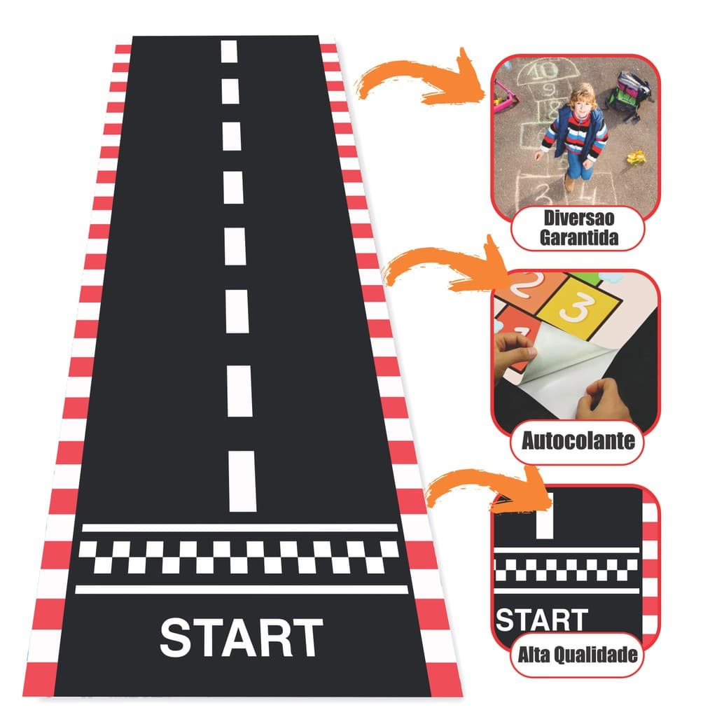 Tapete Pista de Corrida Atividade Infantil Motora Amarelinha Adesiva Brincadeira Educativa Carrinho  Menino