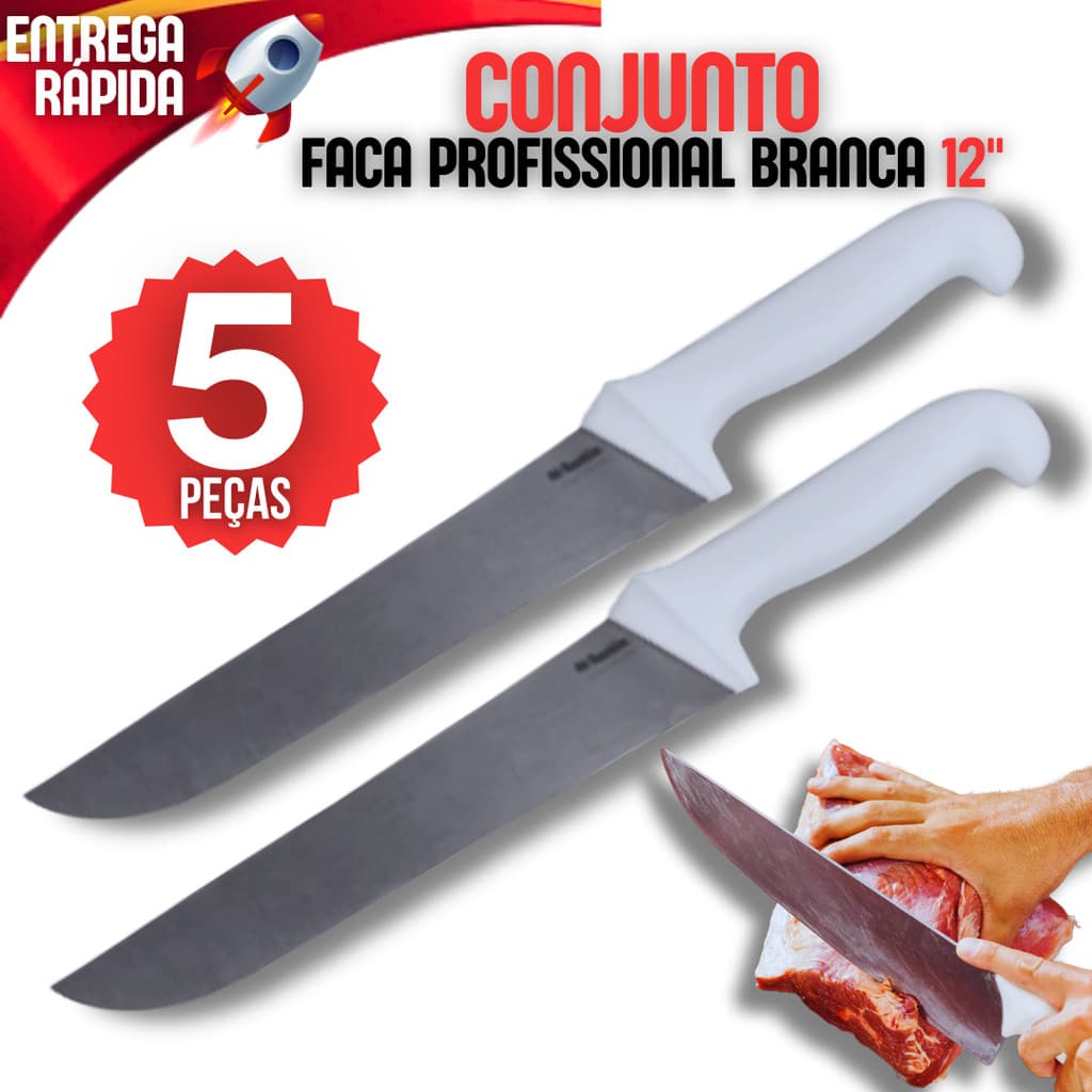 Kit Jogo 5 Faca 12" Churrasco Açougue Cozinha Cabo Branco Churrascaria Açougueiro Açougue Churrasco