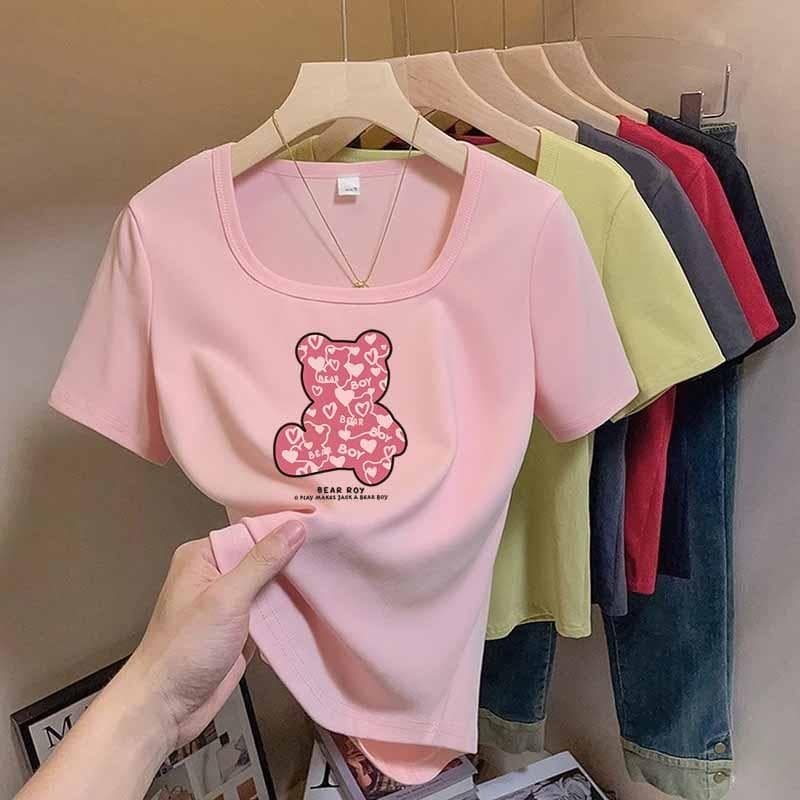 Coreano Quadrado Pescoço Camiseta Feminina Manga Curta Básico Fino Ajuste Casual Cor Sólida Moda Tendência Impressão Top