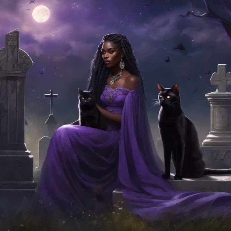 QUADRO DECORATIVO PLACA MDF-MARIA MULAMBO COM SEU GATO PRETO NO CEMITÉRIO