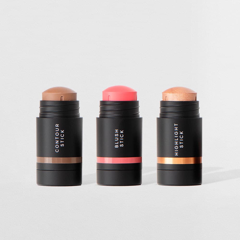Kit Mini Contorno Bastão Marrom Médio+Mini Blush Bastão Rosa Claro + Mini Iluminador Bastão Océane Edition (3 Produtos)