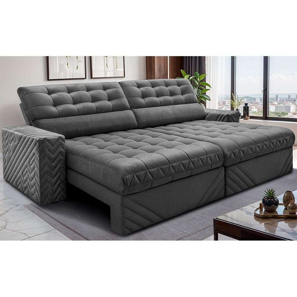 Sofá Retrátil e Reclinável 2,30m Molas Ensacadas Max Spring Velusoft Cinza Cama inBox