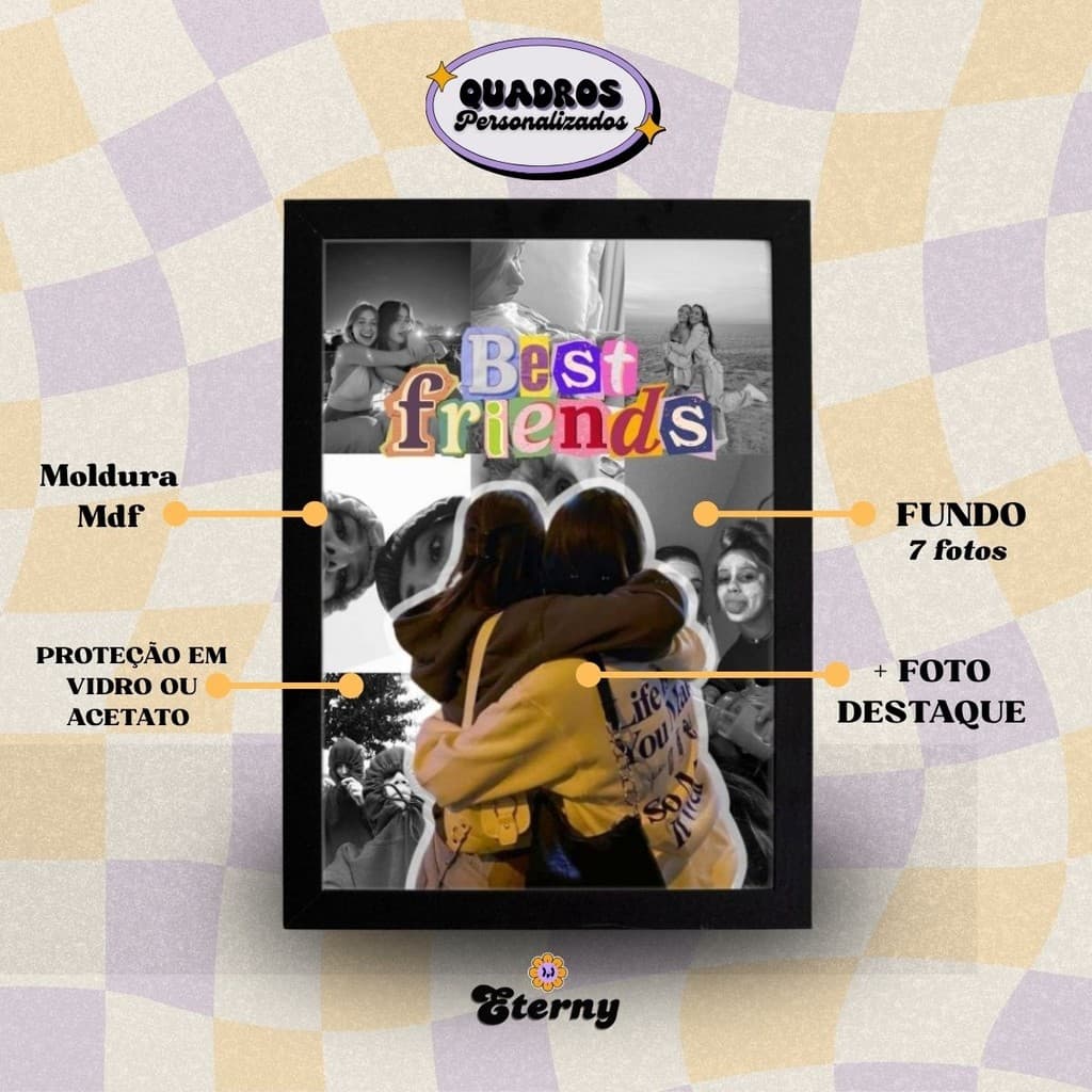 Quadro Personalizado Melhores Amigos Colagem Moldura em Madeira