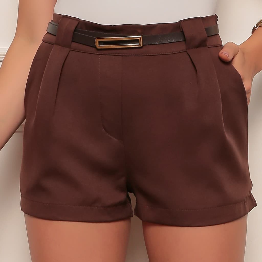 Short Feminino Alfaiataria Social com Cinto Cintura Alta Com Bolso