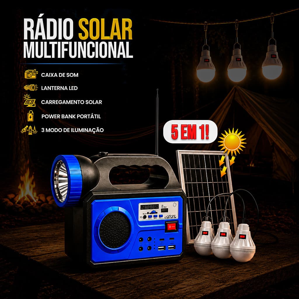 Rádio Solar Multifuncional 5 em 1 Bluetooth FM Power Bank Lanterna LED Painel Solar 3 Lâmpadas