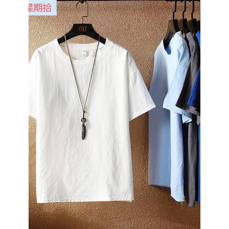 Verão algodão linho masculino estilo chinês cor sólida linho solto respirável de manga curta camiseta japonesa meia mang