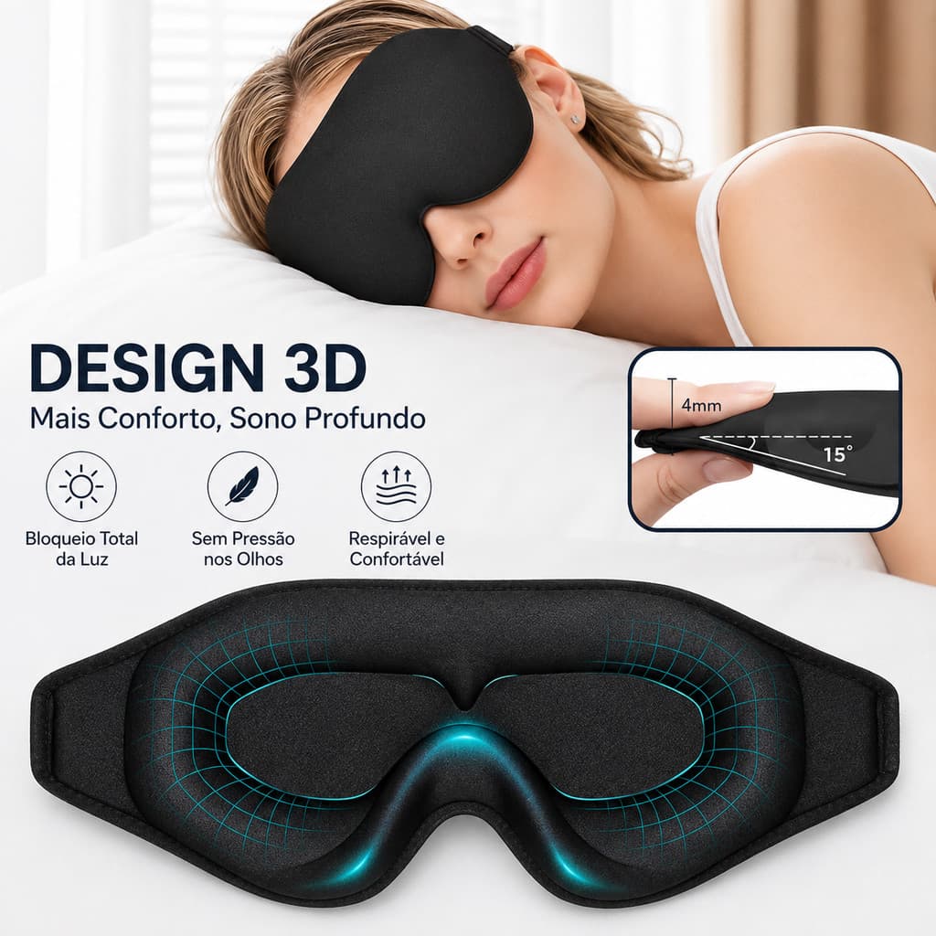 Máscara de Dormir 3D Blackout Tapa Olhos Ajustável Confortável Sem Pressão Para Viagem Descanso Sono