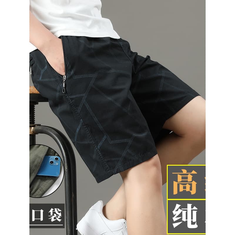 Linha dobrável geométrica padrão escuro puro algodão Shorts masculinos cordão elástico zíper bolso profundo solto Casual