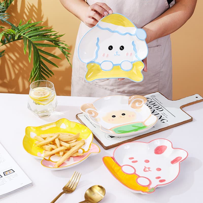 Underglaze Color Cartoon Prato de Jantar de Cerâmica Infantil Bonito Prato de Comida Complementar Prato de Bolinho Domés