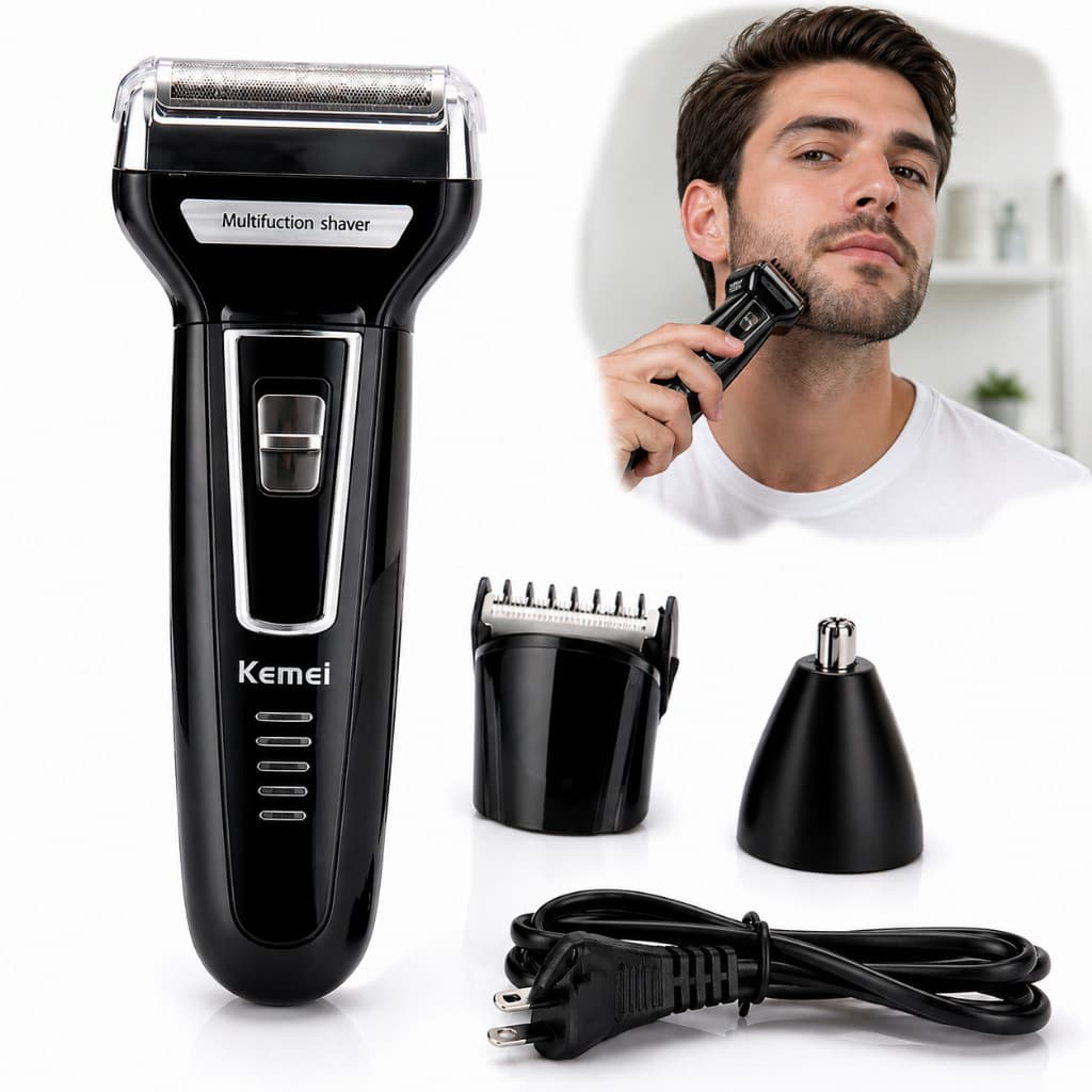 Presente Dia dos Pais Máquina Kemei 3 em 1 Barbeador Elétrico Recarregável Aparador Barba Cabelo Nariz Kit - bivolt