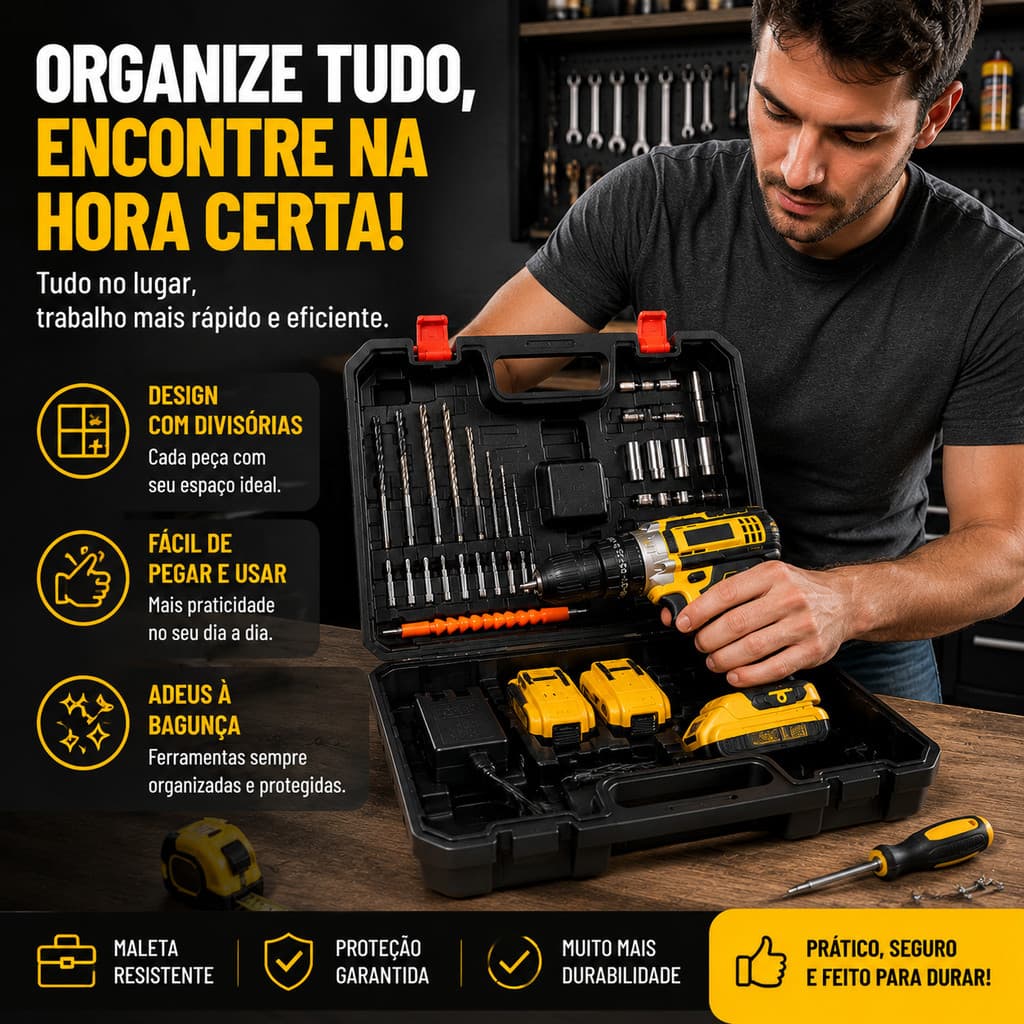 Furadeira/Parafusadeira 26V/48V Dual Baterias, Conjunto com Estuche e Ferramentas Inclusas