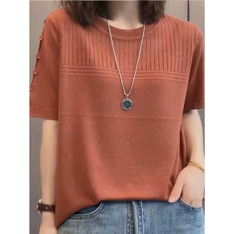 Senhoras soltas versão coreana topo verão gelo seda malha de manga curta camiseta fina em torno do pescoço cor sólida Al