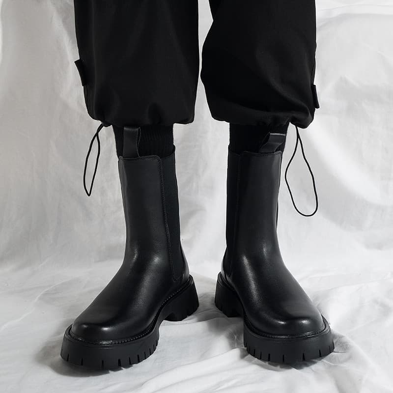 Estilo britânico preto Chelsea botas masculinas de couro genuíno de alta qualidade aumentando chaminé Martin botas prima