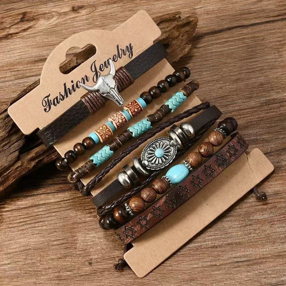 Conjunto de 6 pulseiras de couro estilo cowboy ocidental com cabeça de touro em liga metálica.