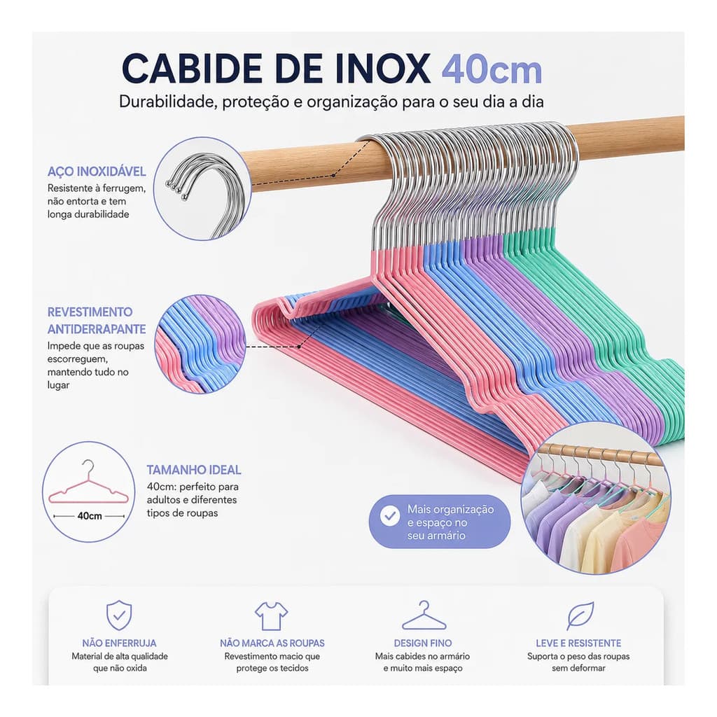 Kit Cabides Aço Inox Revestido Antideslizante Slim 40cm