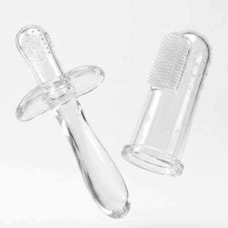 Kit Mordedor e Escova de Dentes Massageadora Transparente em Silicone para Bebê
