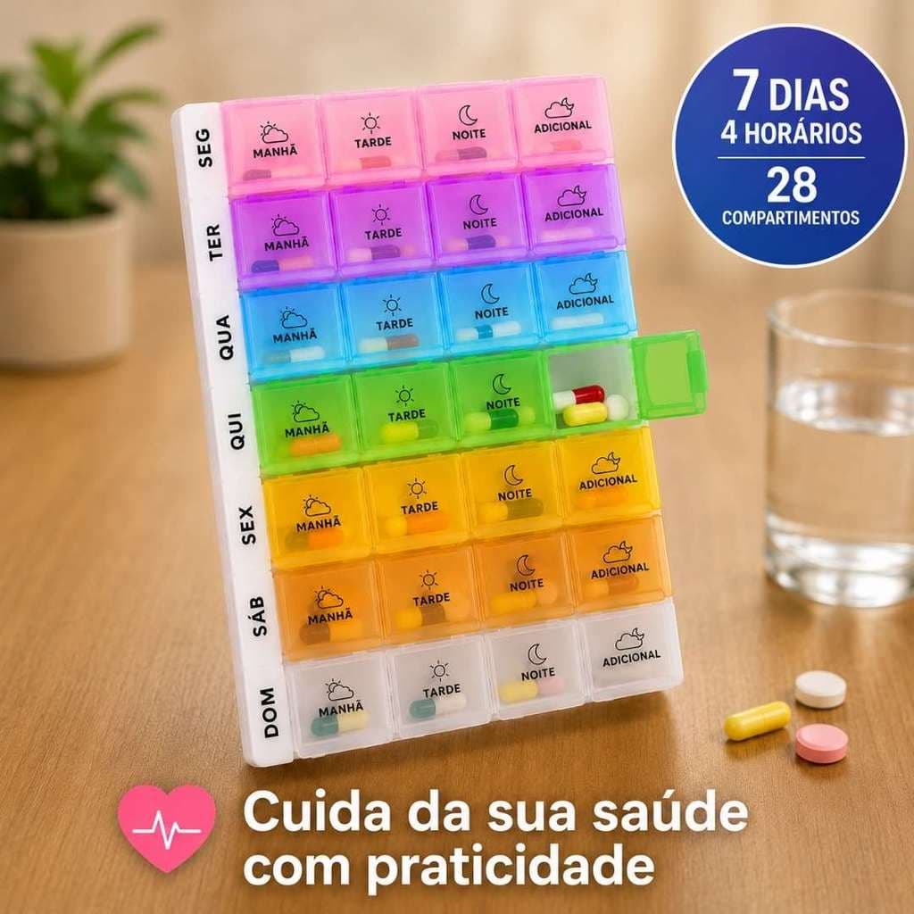 Porta Comprimido 28 Compartimentos 18x11x2,5cm Portátil  Viagem Medicamento Organizador Semanal