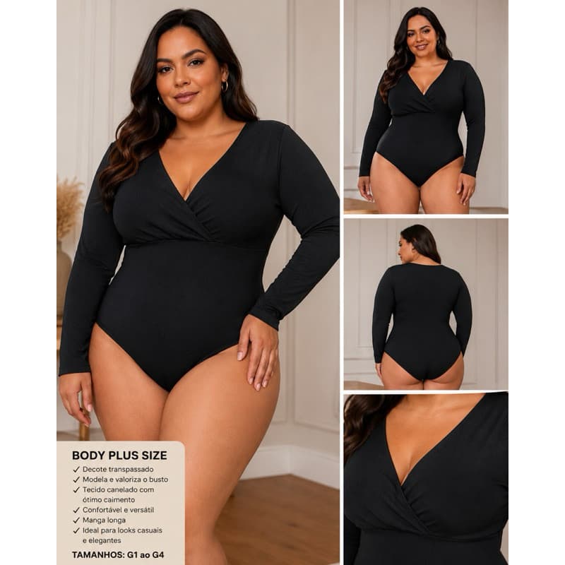 Body Plus Size Feminino Preto Manga Longa Decote Transpassado Cruzado Elegante Modelador Moda 2026
