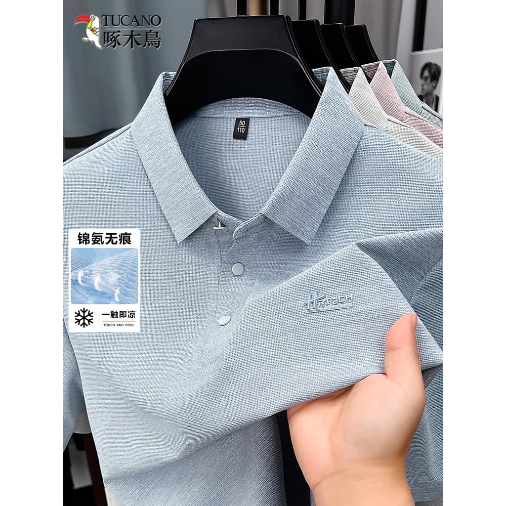 Woodpecker verão masculino legal respirável manga curta lapela camisa Polo pai de meia-idade usar negócios Casual topo