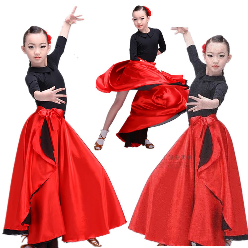 Traje de desempenho do dia das crianças feminino tourada dança manto traje de dança latina grande balanço saia abertura