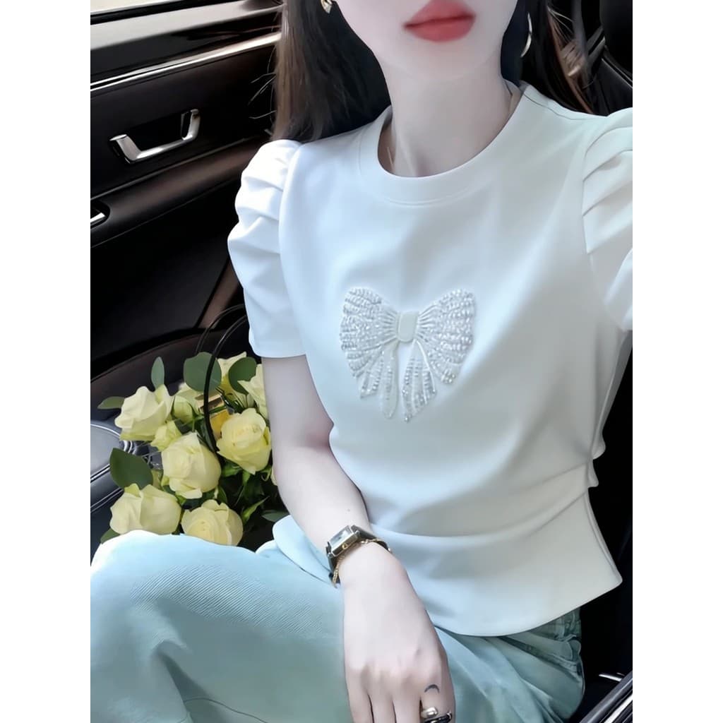 Estilo francês mangas bufantes frente ombro manga curta camiseta feminina laço branco lantejoulas decoração magro-