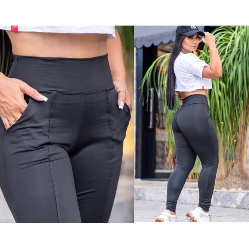 Calça Legging Grossa Inverno com Bolso Frontal Cintura Alta Zero Transparencia Modeladora Montaria Skinny Flanelada