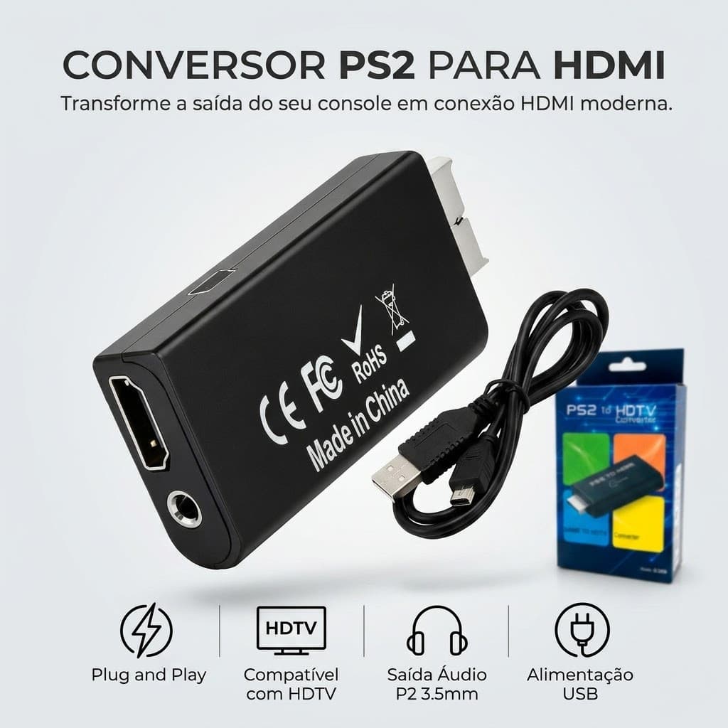 Conversor PS2 Para HDMI Adaptador Playstation 2 TV Monitor Projetor Com Cabo USB