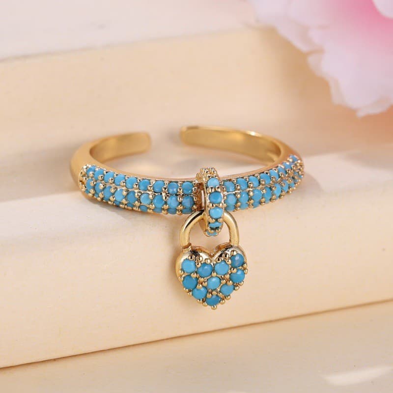 Novo anel aberto vintage em formato de coração turquesa com diamantes, elegante e versátil.