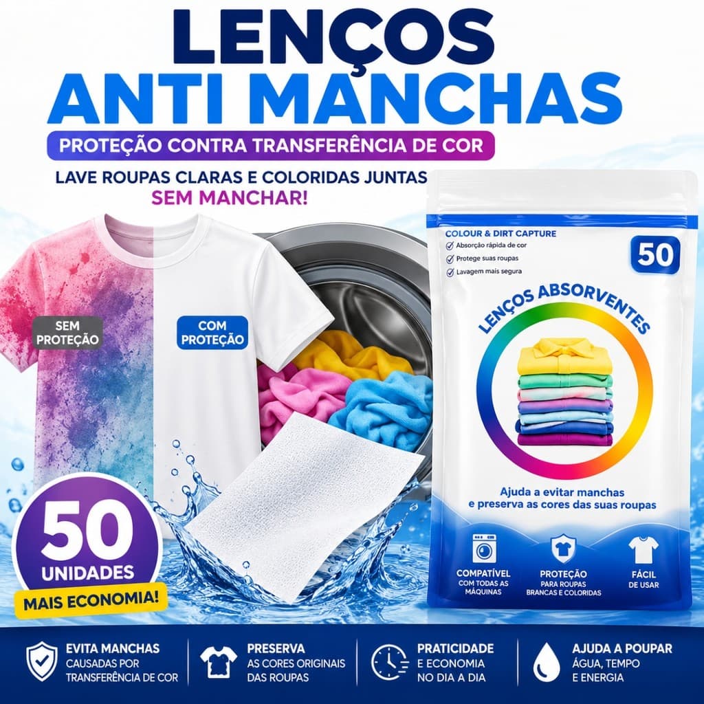 Lenços Anti Manchas Para Máquina De Lavar 50 Unidades Absorve Cor Protege Roupas Brancas E Coloridas