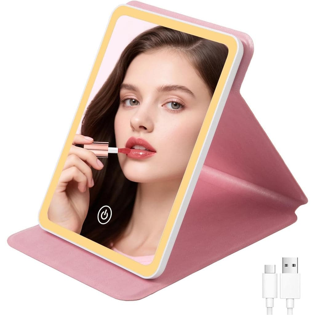 Espelho de Viagem com Luz, 3 Cores, Regulável, Bateria Recarregável de 1500mAh para 4~6 Horas, Presentes para Madrinhas,