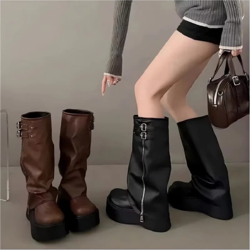 2026Arrival Botas Longas de Cavaleiro Elegantes de Cano Largo com Elevador Interno e Sola Grossa, Zíper Lateral, Fivela