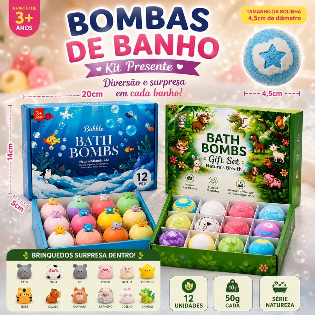 Kit 12 Bombas De Banho Infantil Bath Bombs Efervescente Brinquedo Surpresa Colorida Para Crianças