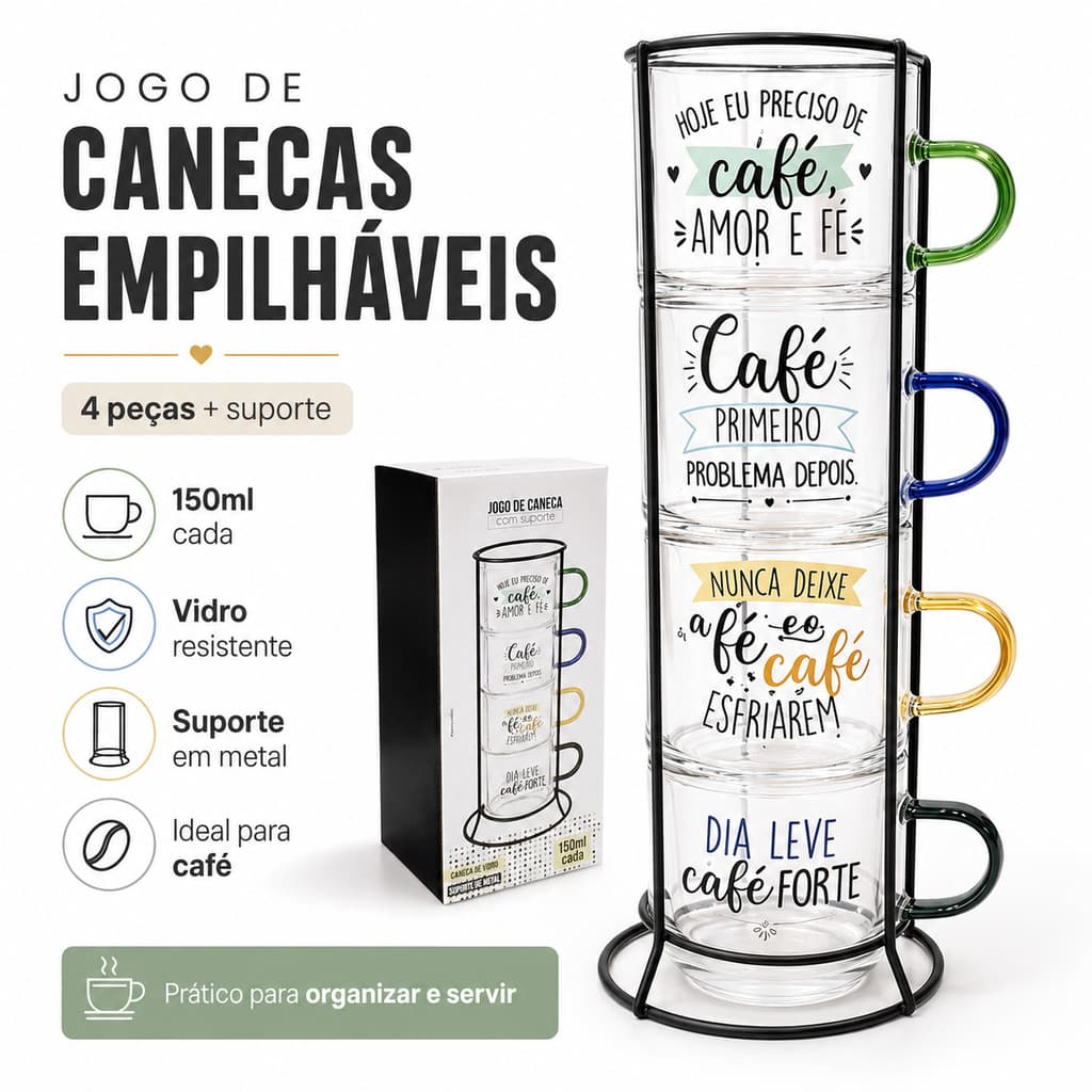 Conjunto De Xícaras De Vidro Para Café 4 Unidades 150ml Empilhável Com Porta Canecas De Metal