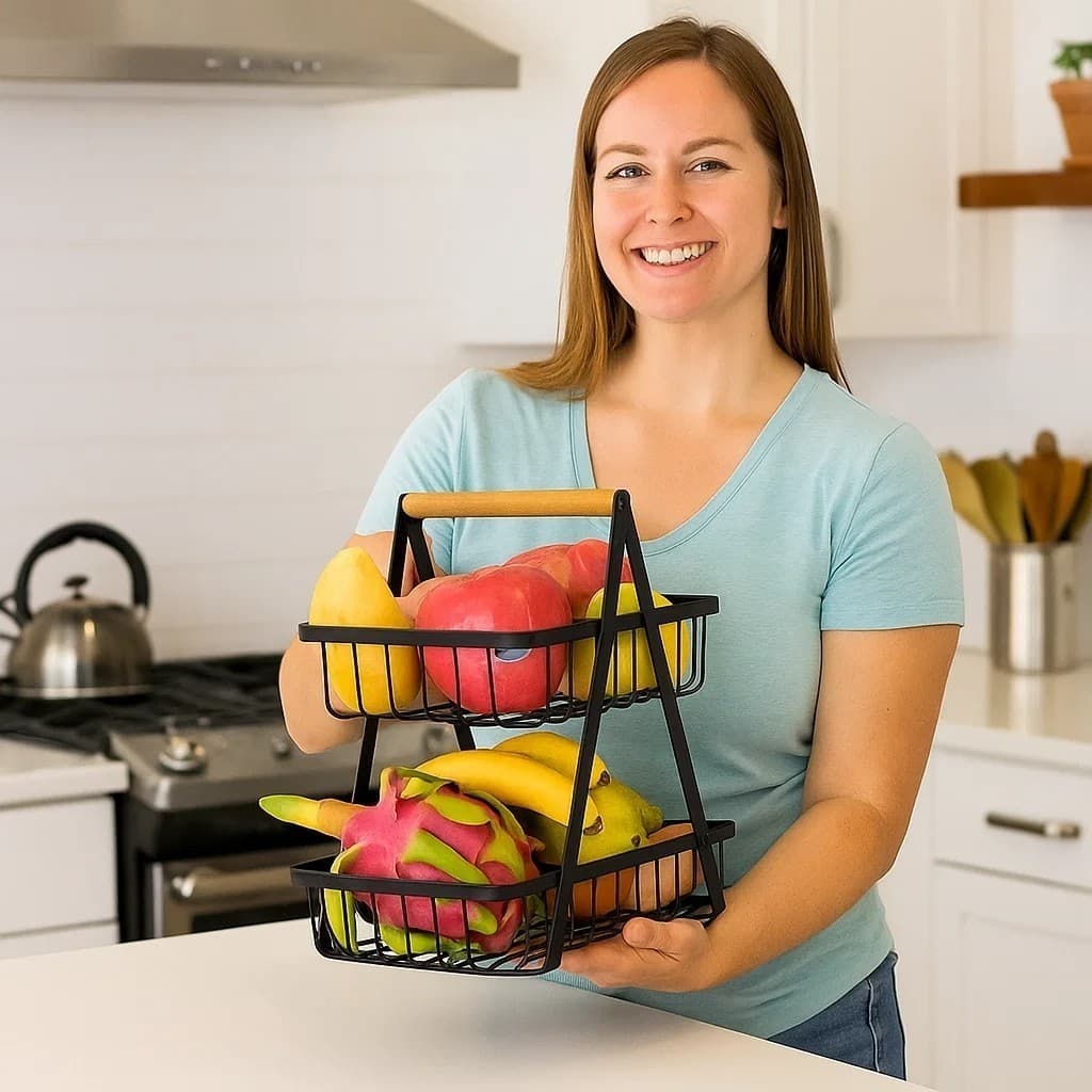 Fruteira Alça Madeira Cesto Frutas Organizador Cozinha Rack Prateleira Guarda Legumes Verduras