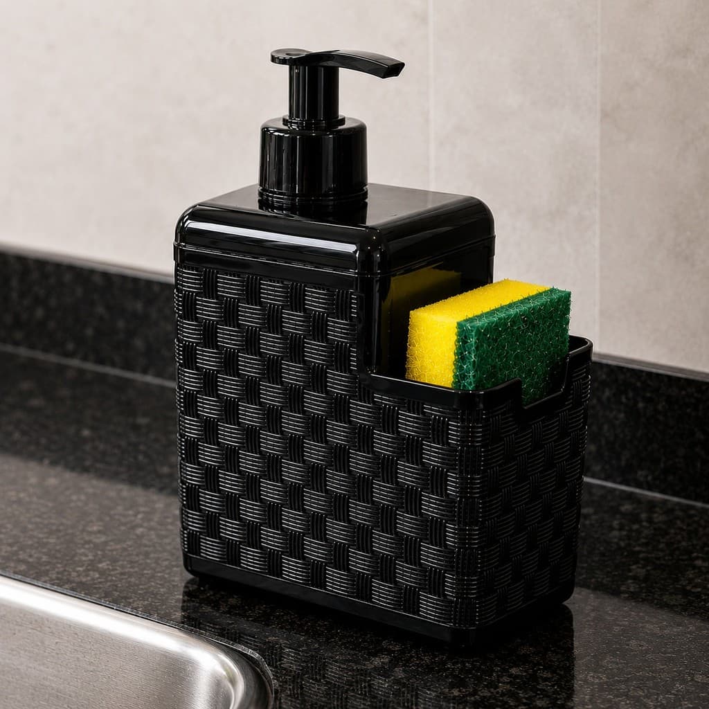 Porta Detergente e Esponja Dispenser com Suporte P/ Bucha Rattan Preto C/ Armazenamento Sabonete