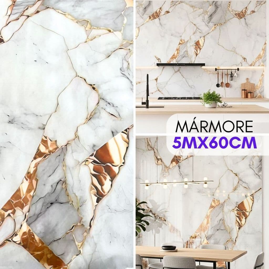 Papel de Parede Autocolante Mármore Dourado 5mx60cm Vinílico Brilhante Premium P/ Ambientes Modernos