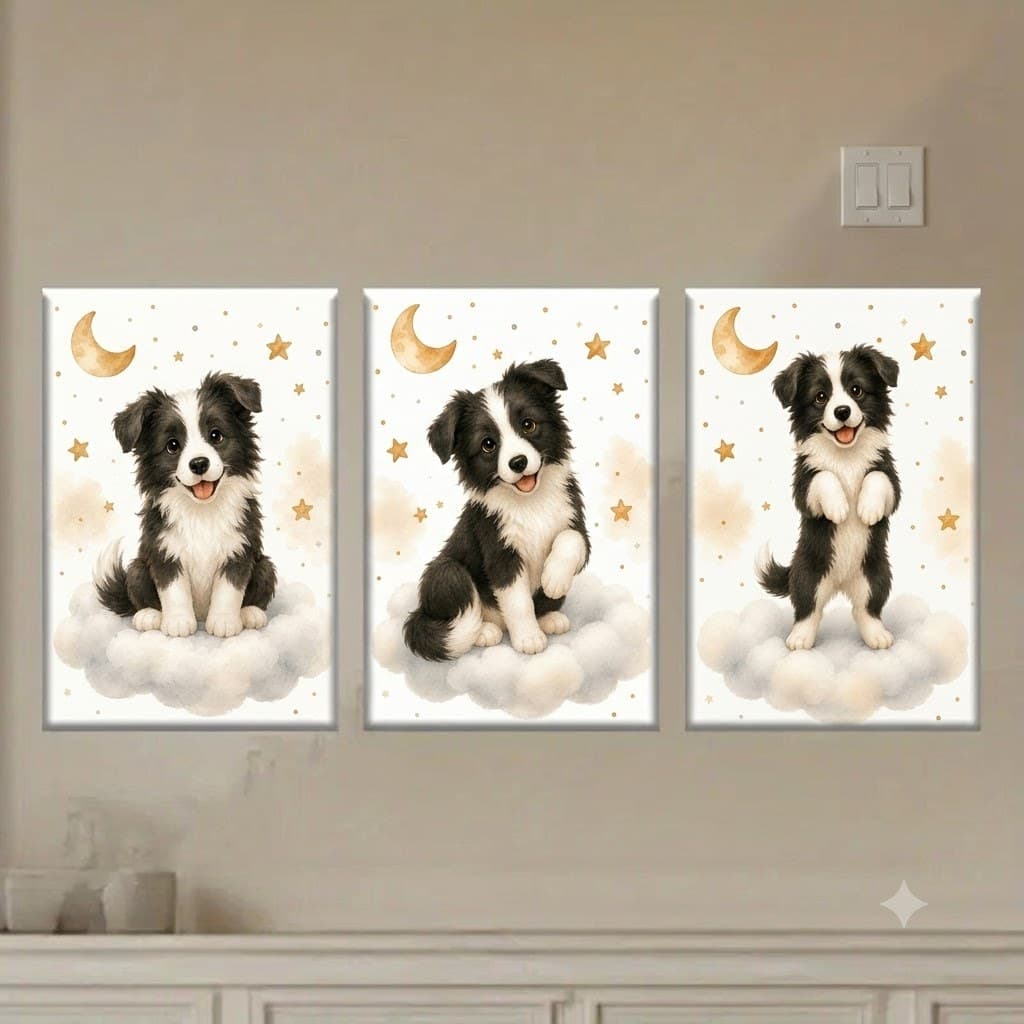 Kit 3 Quadros Parede Quarto De Bebê Infantil Sonho Cachorro Border Collie Nuvens Com Estrelas