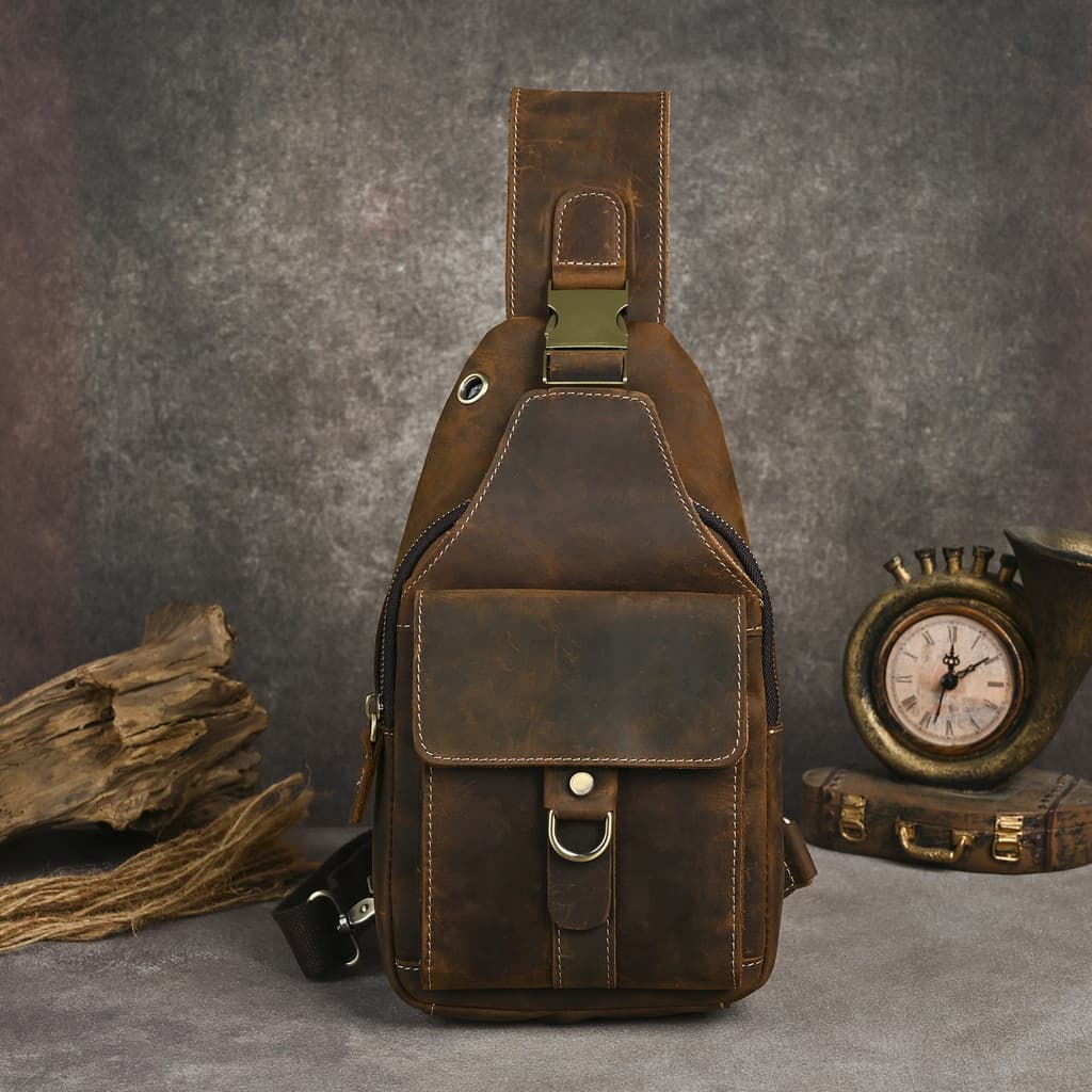 Primeira camada de couro de cavalo louco masculino transfronteiriço venda quente Retro legal Multi-bolso grande capacida