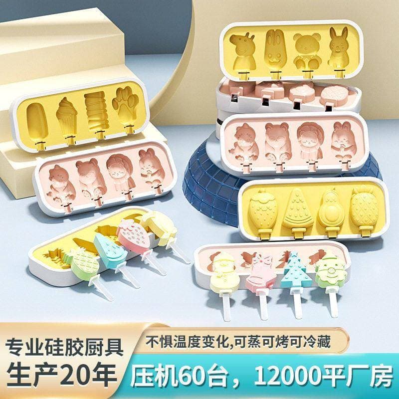 Molde de sorvete de desenho animado, molde de Silicone de qualidade alimentar para fazer picolé com tampa, caixa de bast