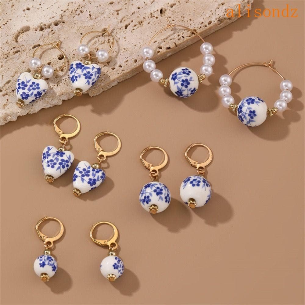 ALISOND1 Brinco Pendurado De Pérola , Brincos De Porcelana Azul E Branca De Cerâmica Artesanal , Redondos