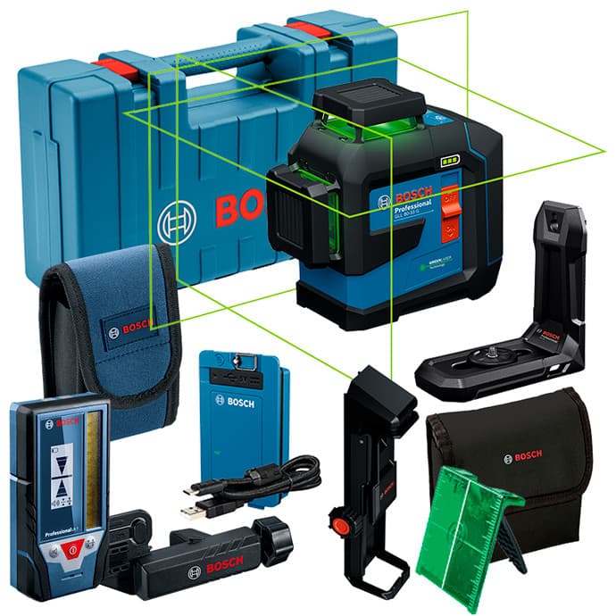 Nível a Laser 3 Linhas Verdes Alcance 160M 360º + Bateria 3.7V XL, Receptor LR 7, Placa Alvo + Maleta Bosch GLL 80-33 G